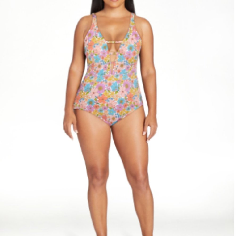 Time and Tru V Strappy Front One Piece Swimsuit Medium 8-10 multi